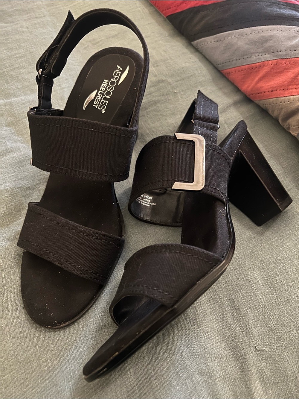 AEROSOLES Black Elastic Strap Block Heel Sandals